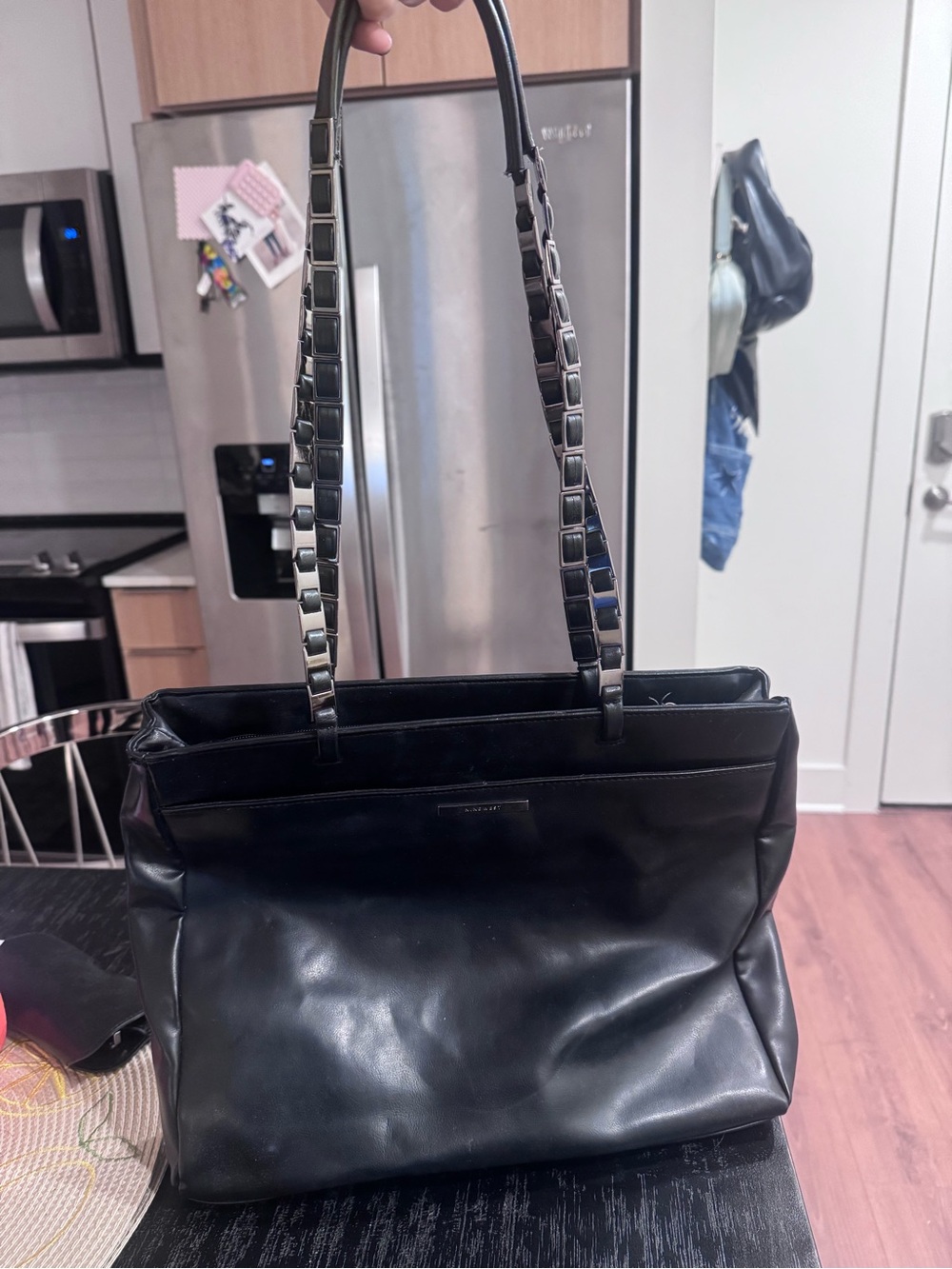 Nine West Black Leather Shoulder Bag with Chain-Trim Straps